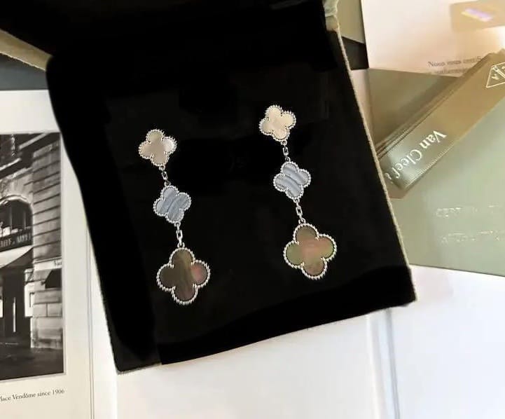 Van Cleef & Arpels Chalcedony, Mother of Pearl 3-Tier Magic Alhambra White Gold Earrings