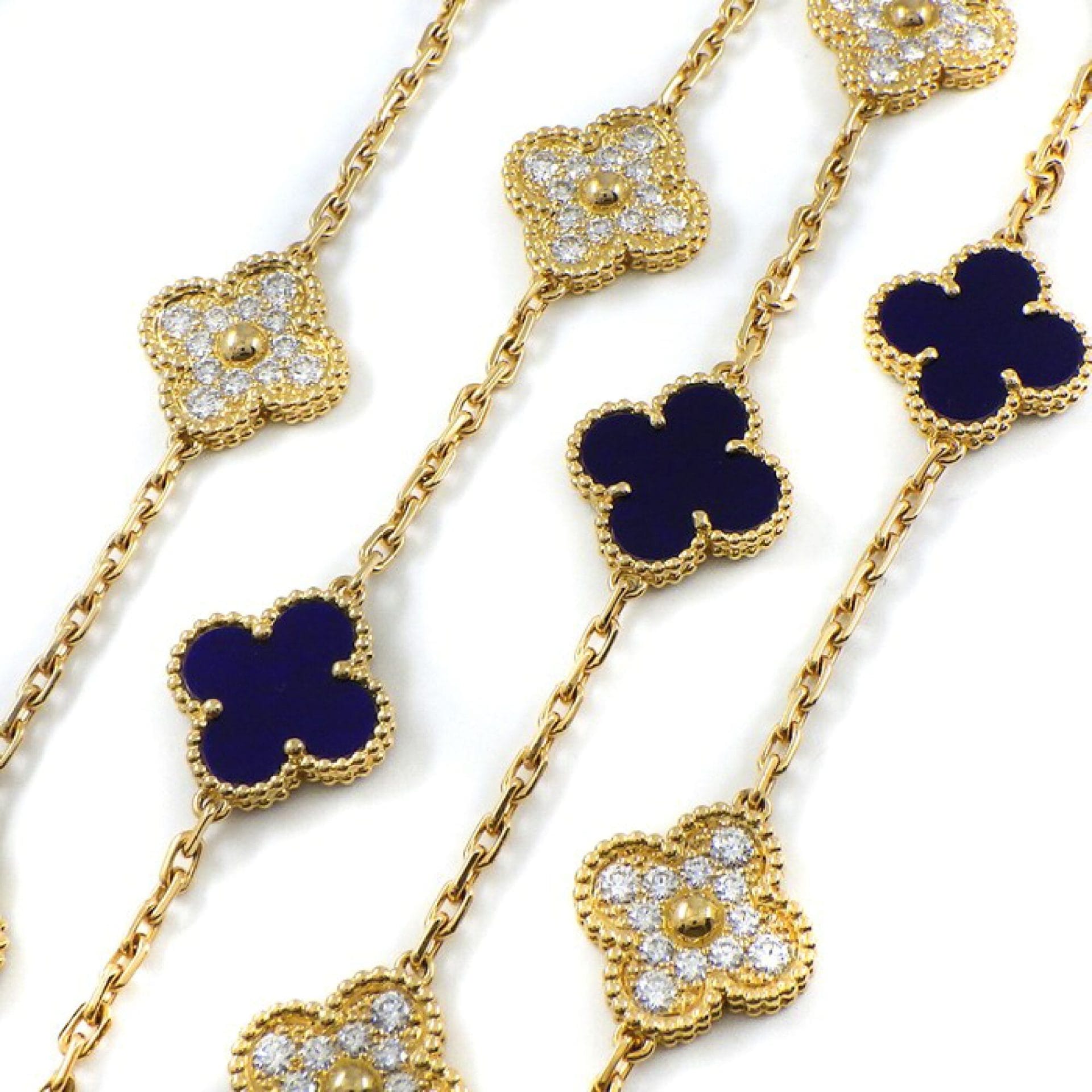 Rare Van Cleef & Arpels Paris Vendome Vintage Alhambra Diamond Blue Porcelain Necklace